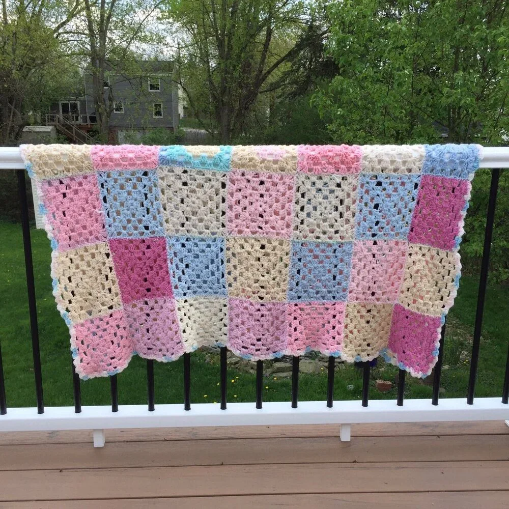 Crochet Knit Afghan Throw Blanket Granny Square Pastels Baby Pink Blue Sofa Cozy